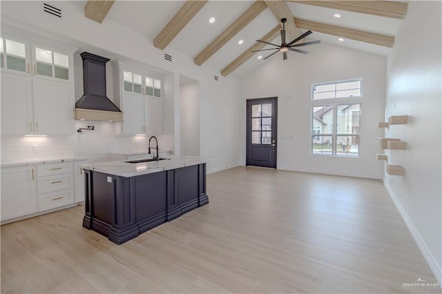 kitchen featuring custom exhaust hood, visible vents, tasteful backsplash, and a sink