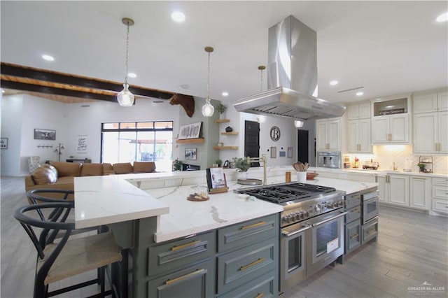 kitchen featuring white cabinetry, island range hood, stainless steel appliances, and light wood-type flooring