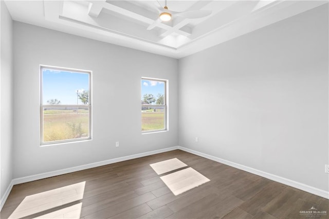 unfurnished room featuring plenty of natural light, dark wood-type flooring, and ceiling fan