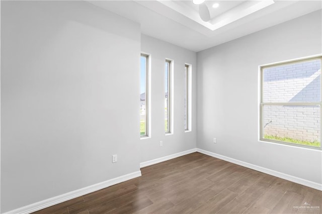 unfurnished room with hardwood / wood-style floors, a raised ceiling, and ceiling fan