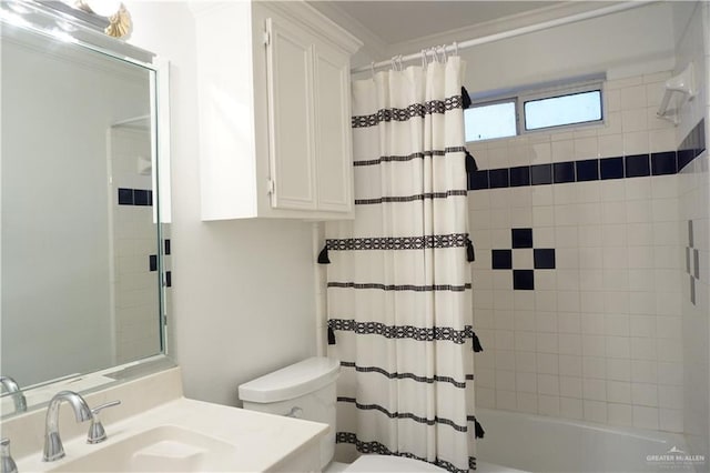 full bathroom with vanity, toilet, shower / bathtub combination with curtain, and ornamental molding