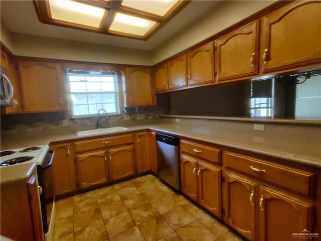 kitchen with white stove, backsplash, stainless steel dishwasher, and sink