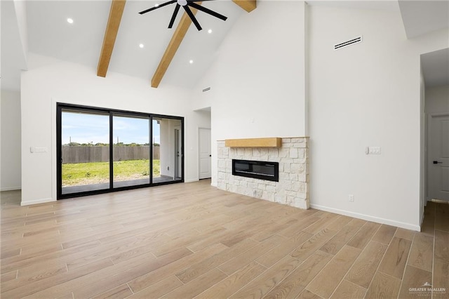 1003 Bette St, Pharr, TX 78577 - unfurnished living room with light wood-style flooring, visible vents, beamed ceiling, a ceiling fan, and high vaulted ceiling