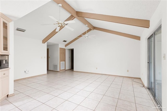 unfurnished living room featuring vaulted ceiling with beams, light tile patterned floors, and ceiling fan