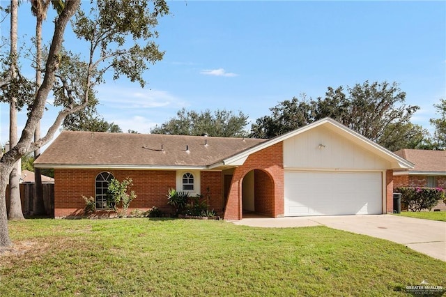 single story home featuring a garage and a front lawn