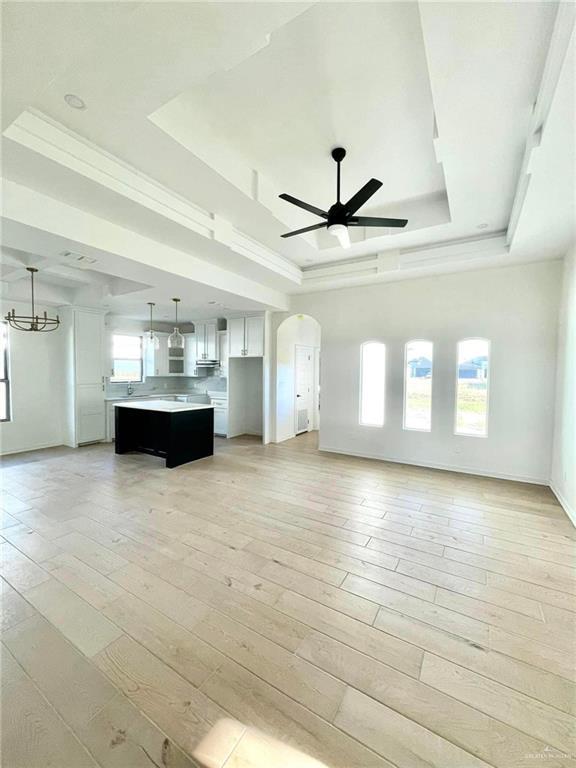 unfurnished living room with a raised ceiling, ceiling fan, a healthy amount of sunlight, and light hardwood / wood-style floors