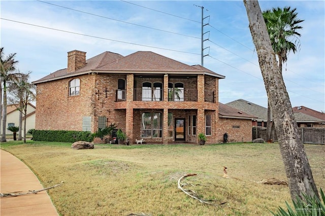 view of front of house with brick siding, fence, a front yard, a balcony, and a chimney