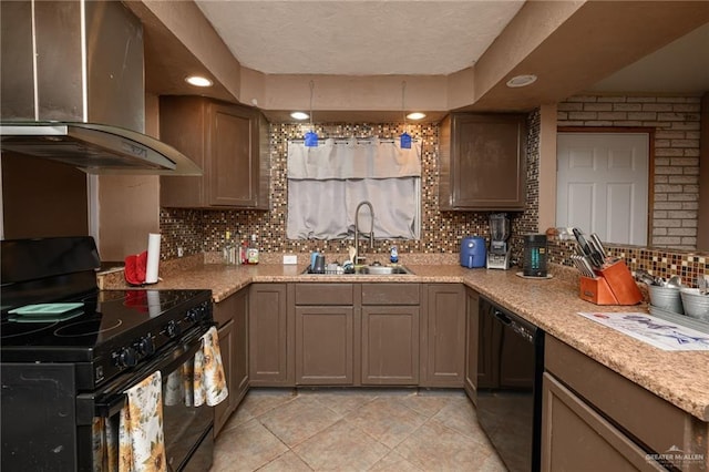408 E Ebony St, La Feria, TX 78559 - kitchen with island range hood, black appliances, backsplash, light tile patterned floors, and recessed lighting
