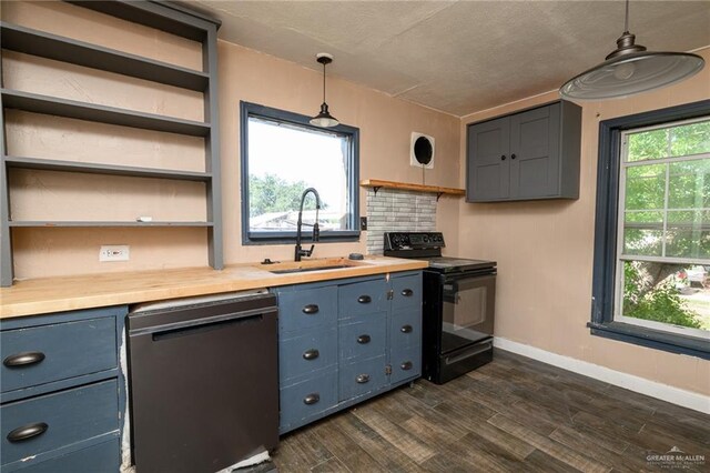 408 E Ebony St, La Feria, TX 78559 - kitchen with black range with electric stovetop, dishwasher, open shelves, and blue cabinets