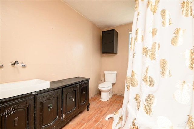 408 E Ebony St, La Feria, TX 78559 - full bathroom featuring wood finished floors, lofted ceiling, a shower with shower curtain, and vanity