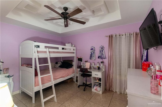 5001 N Ebony St, Pharr, TX 78577 - bedroom featuring a raised ceiling, tile patterned flooring, and ceiling fan