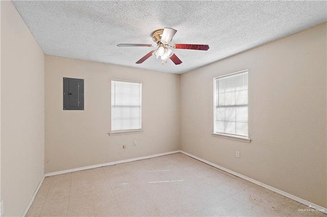 empty room featuring ceiling fan and electric panel