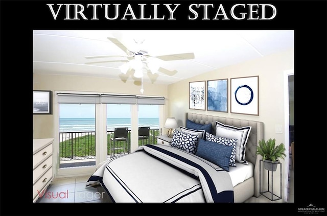 3400 Gulf Blvd Unit 403, South Padre Island, TX 78597 - bedroom with vaulted ceiling, access to exterior, a water view, and ceiling fan