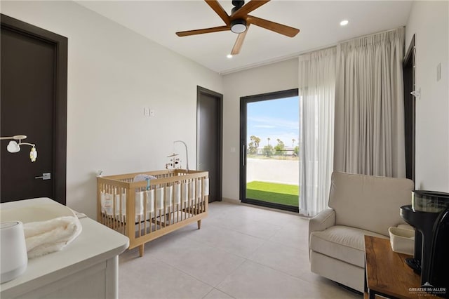 2701 W Duke Dr, Edinburg, TX 78539 - bedroom with light tile patterned floors, ceiling fan, recessed lighting, and access to outside