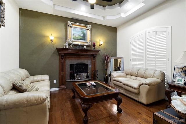6614 Mile 7 Rd, Mission, TX 78573 - living area featuring hardwood / wood-style flooring, a ceiling fan, a fireplace, recessed lighting, and a tray ceiling
