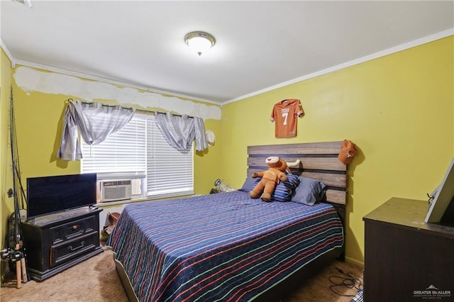 carpeted bedroom featuring cooling unit and crown molding