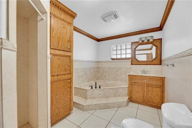 full bathroom with tile patterned flooring, toilet, crown molding, and tile walls