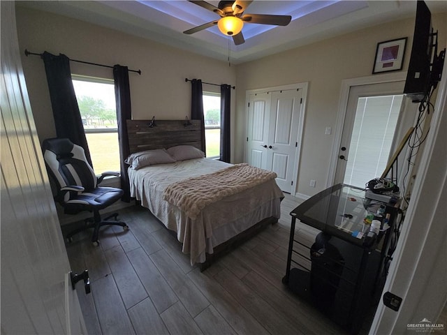 bedroom with ceiling fan, dark hardwood / wood-style floors, a tray ceiling, and multiple windows