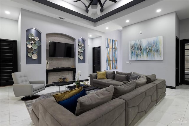 living room featuring ceiling fan