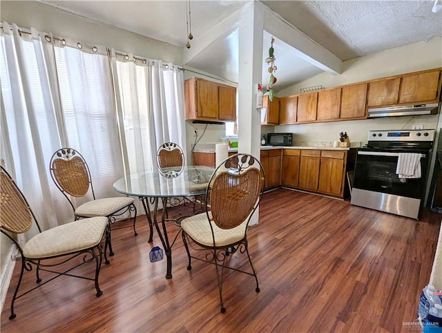 kitchen with lofted ceiling with beams, stainless steel electric stove, dark wood-type flooring, and exhaust hood