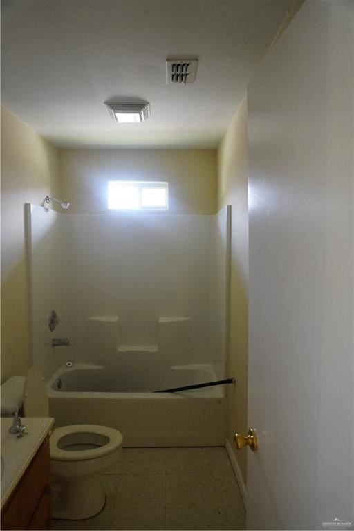 bathroom featuring toilet, bathing tub / shower combination, visible vents, and vanity