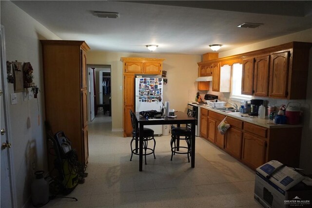 kitchen with white appliances, a sink, visible vents, and under cabinet range hood