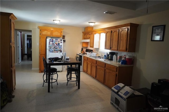 kitchen with electric range, visible vents, freestanding refrigerator, light countertops, and under cabinet range hood