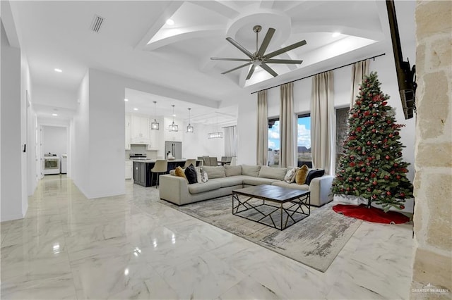 living area with visible vents, marble finish floor, recessed lighting, and ceiling fan
