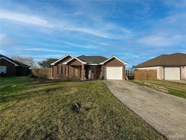 ranch-style home featuring a garage and a front yard