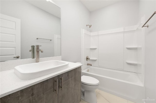 full bathroom featuring tile patterned floors,  shower combination, toilet, and vanity