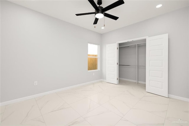 unfurnished bedroom with a closet and ceiling fan