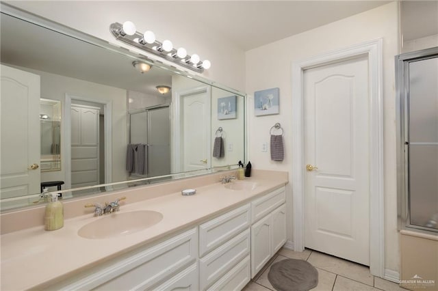 7600 N 23rd Cir, Mcallen, TX 78504 - bathroom featuring double vanity, tile patterned floors, and a shower with shower door