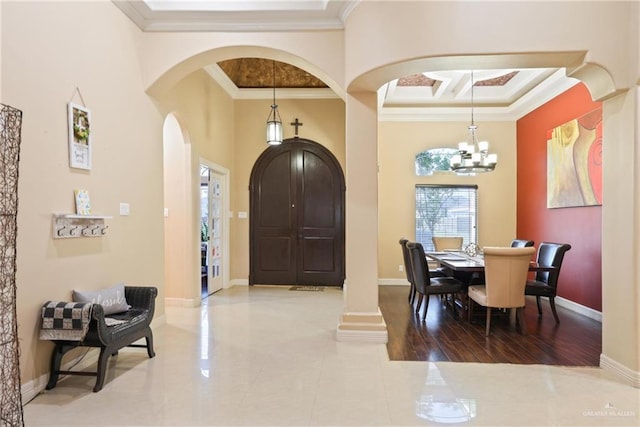2000 Queens Ave, Mcallen, TX 78504 - entrance foyer with arched walkways, crown molding, a chandelier, coffered ceiling, and a towering ceiling