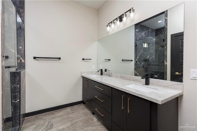 bathroom featuring vanity and a shower with door