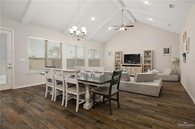 dining room with ceiling fan with notable chandelier, beam ceiling, and high vaulted ceiling