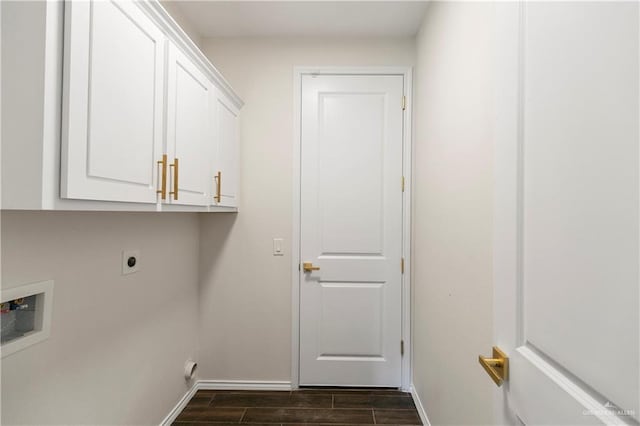 3404 Yellowhammer Ave, Mcallen, TX 78504 - washroom with cabinet space, hookup for an electric dryer, dark wood-style flooring, and baseboards