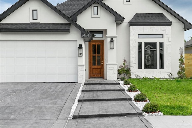 3404 Yellowhammer Ave, Mcallen, TX 78504 - view of front facade with a shingled roof, driveway, stucco siding, an attached garage, and a front lawn