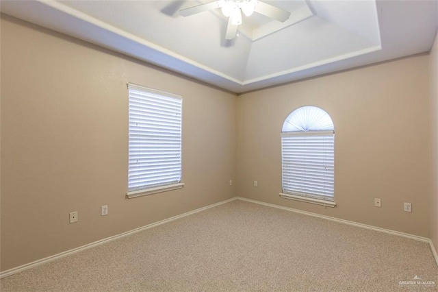 carpeted spare room featuring a tray ceiling and ceiling fan