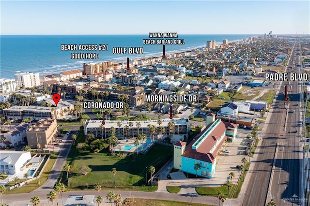 birds eye view of property featuring a water view