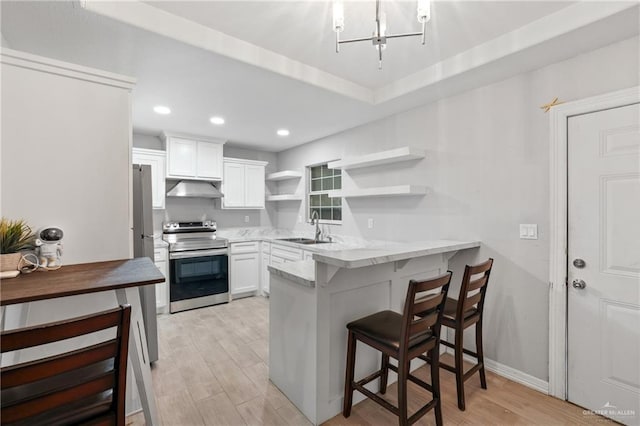kitchen with open shelves, stainless steel range with electric stovetop, under cabinet range hood, a sink, and a peninsula