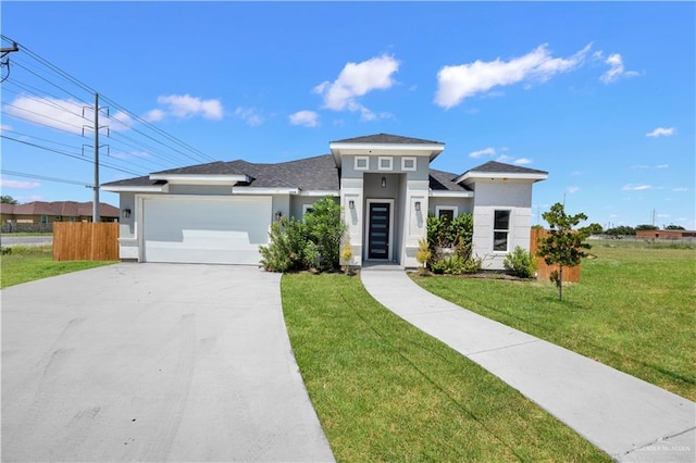 2820 Linva Ave, Mcallen, TX 78541 - prairie-style house featuring driveway, roof with shingles, an attached garage, stucco siding, and a front lawn