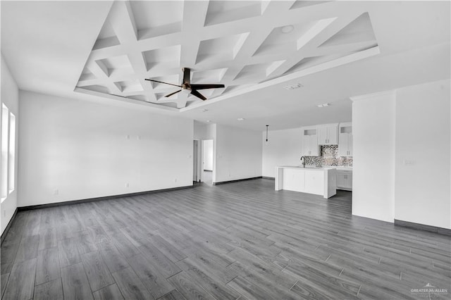 2820 Linva Ave, Mcallen, TX 78541 - unfurnished living room with coffered ceiling, baseboards, beam ceiling, dark wood-style flooring, and a ceiling fan