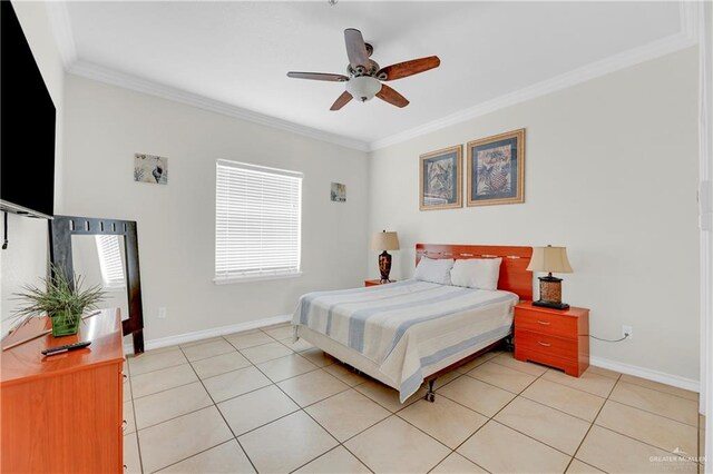 bedroom featuring multiple windows, ceiling fan, crown molding, and light tile patterned floors