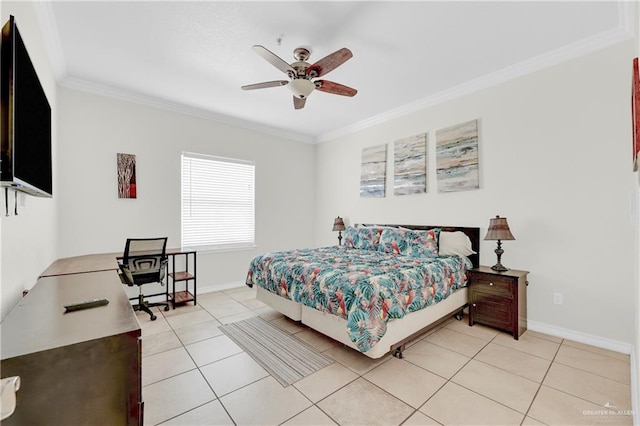 tiled bedroom with ceiling fan and crown molding