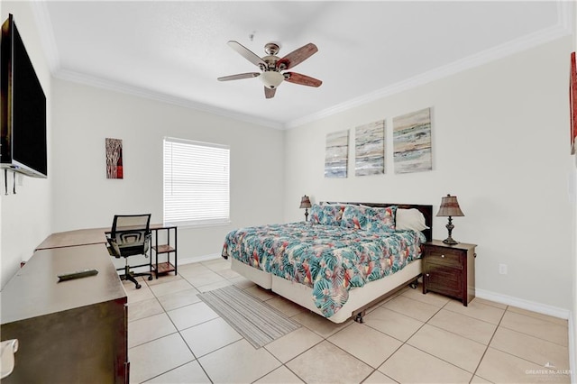 102 E Gardenia St Unit 8, South Padre Island, TX 78597 - bedroom with crown molding, light tile patterned floors, and ceiling fan
