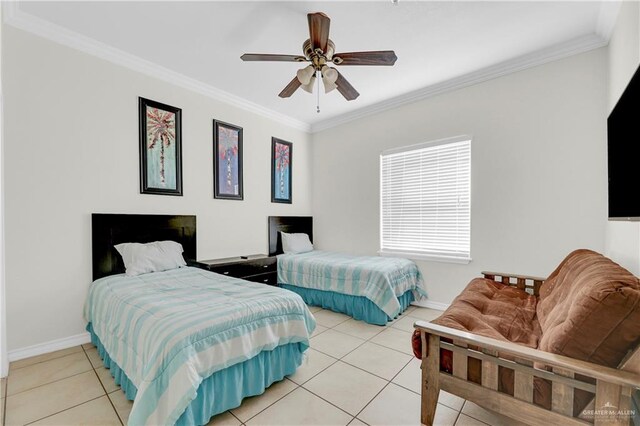 tiled bedroom with ceiling fan and crown molding