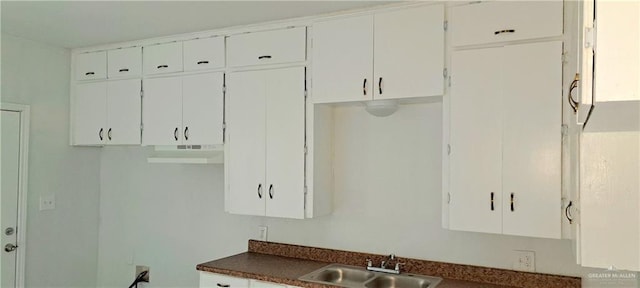 1217 S 1st St, Harlingen, TX 78550 - kitchen featuring under cabinet range hood, dark countertops, and white cabinetry