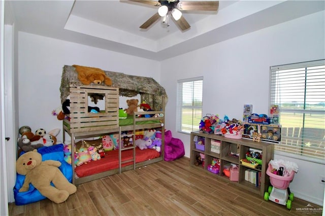 rec room featuring a raised ceiling, ceiling fan, and hardwood / wood-style floors