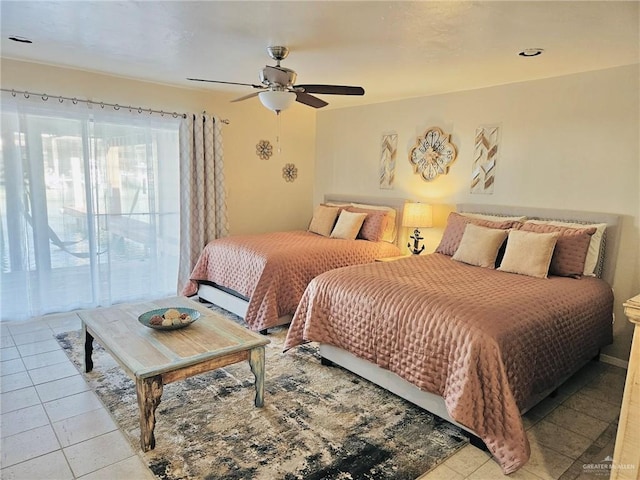 tiled bedroom featuring access to outside and ceiling fan