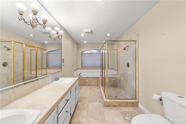 3206 Marion Ct, Harlingen, TX 78550 - bathroom with a bath, double vanity, a stall shower, tile patterned flooring, and a chandelier